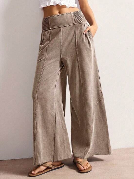 Pants - Rust Brown Casual Women's Knit Loose Wide-Leg Washed Pants